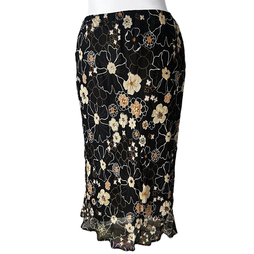 New York City Design Co Y2K Midi Skirt M Black Floral 100% Silk Elastic Waist